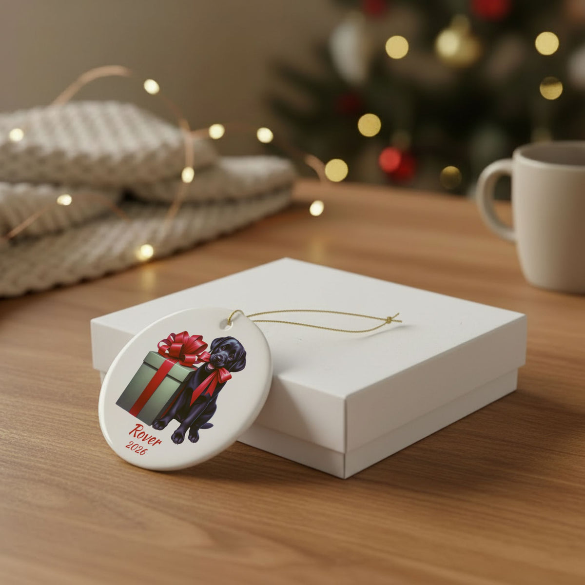 Black Labrador Retriever ornament shown with the white gift box option