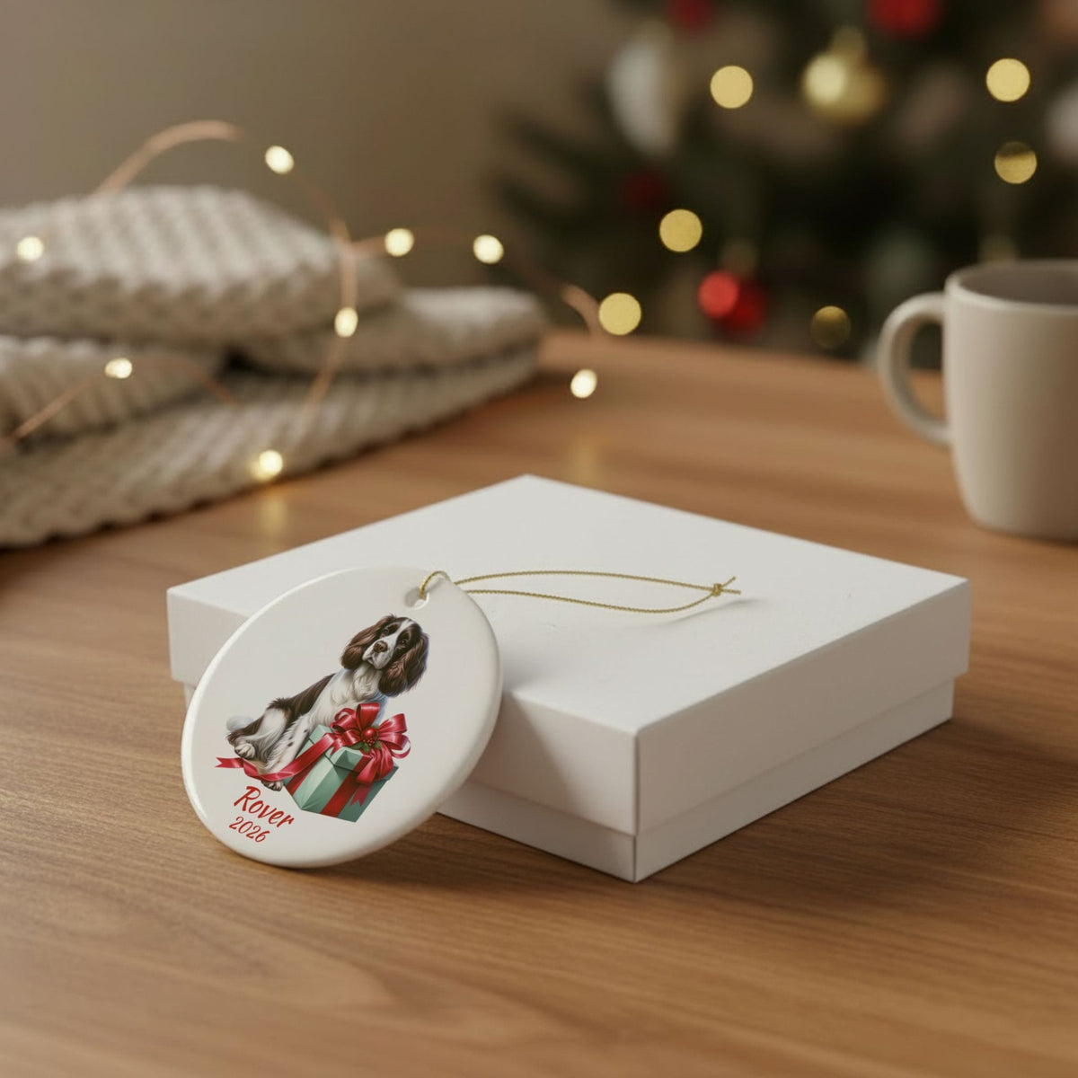 English Springer Spaniel ornament shown with the white gift box option