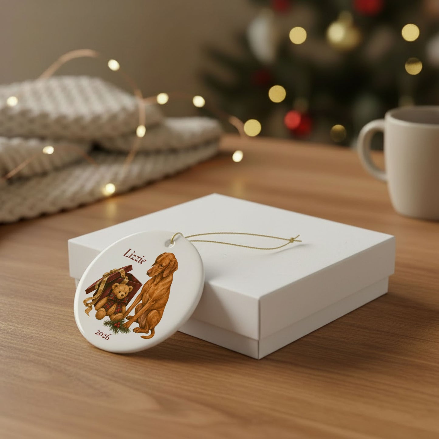 Vizsla ornament shown with the white gift box option