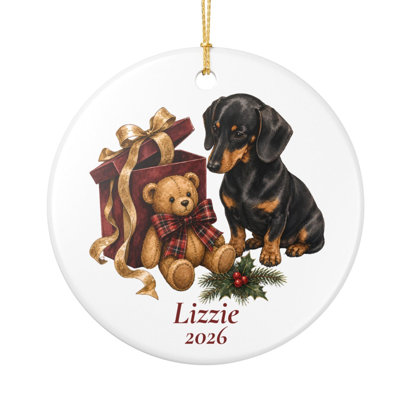 Dachshund ornament shown with the white gift box option