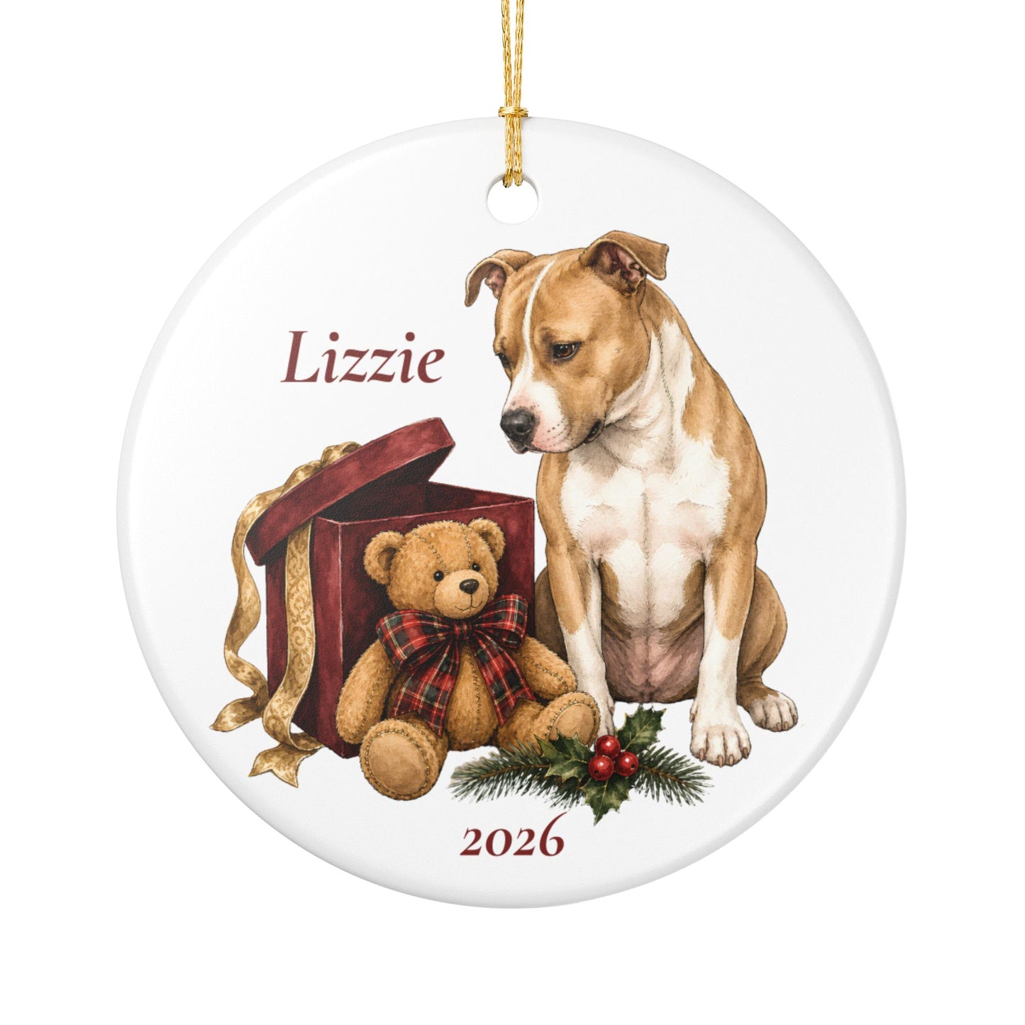 Pitbull ornament shown with the white gift box option