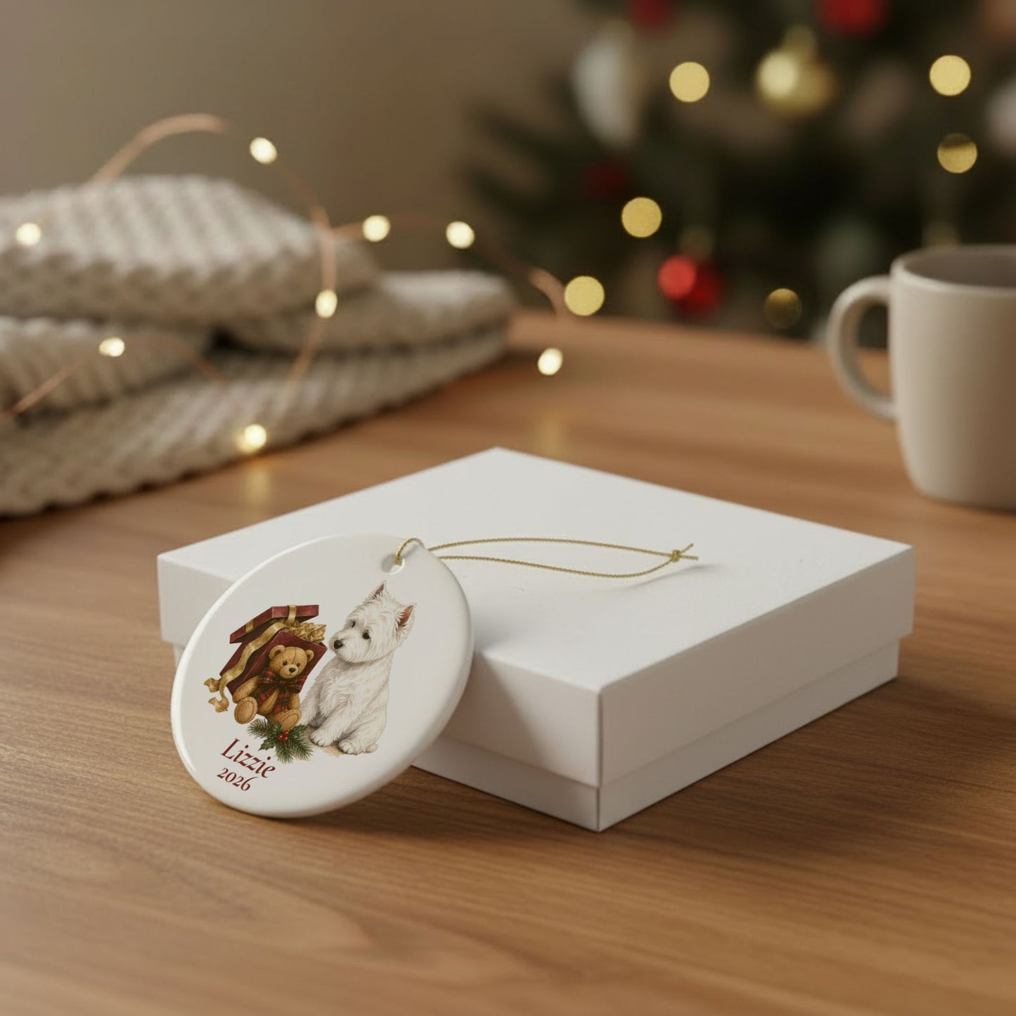 West Highland Terrier ornament shown with the white gift box option
