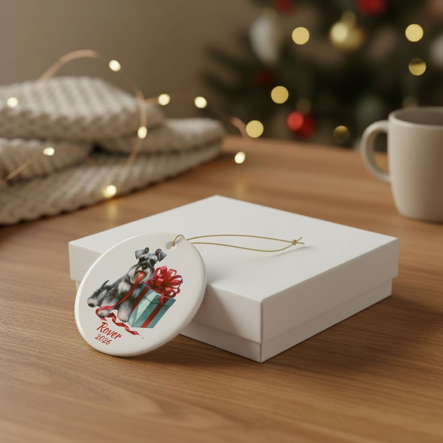 Miniature Schnauzer ornament shown with the white gift box option