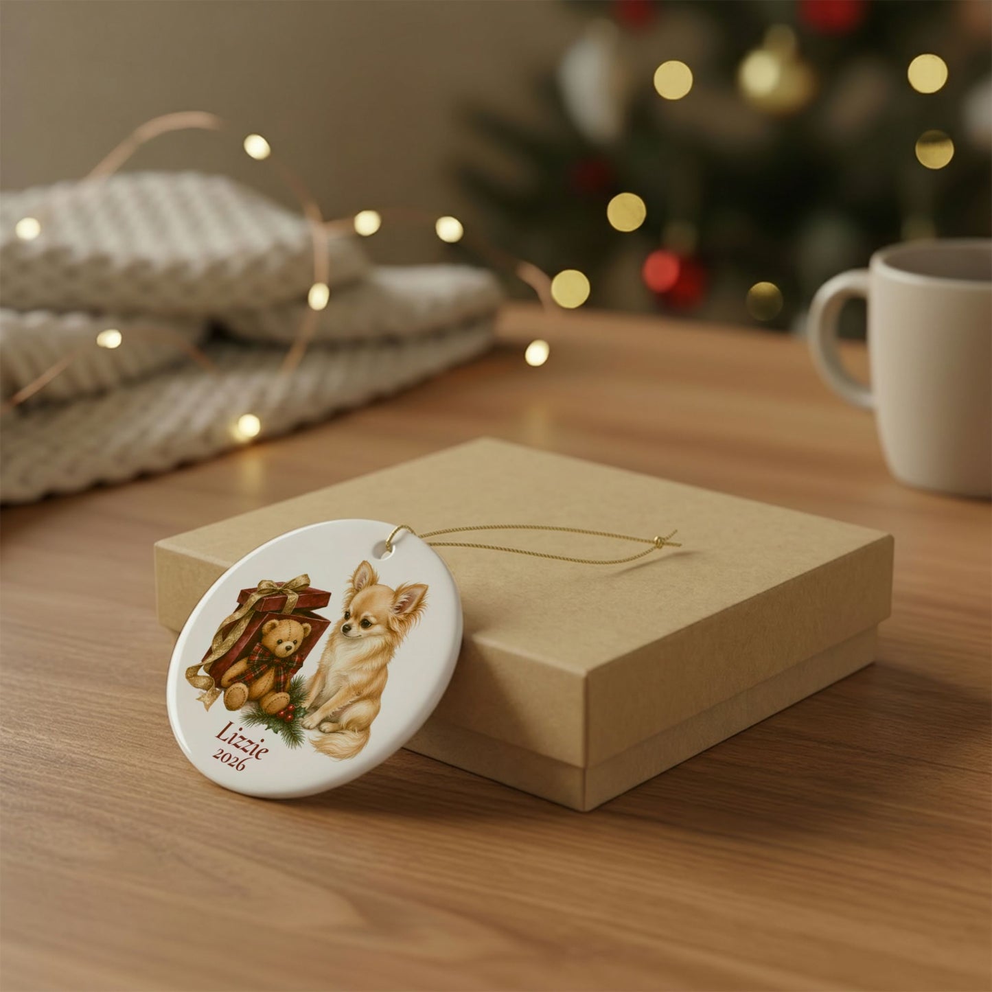 Longhaired Chihuahua ornament shown with the white gift box option