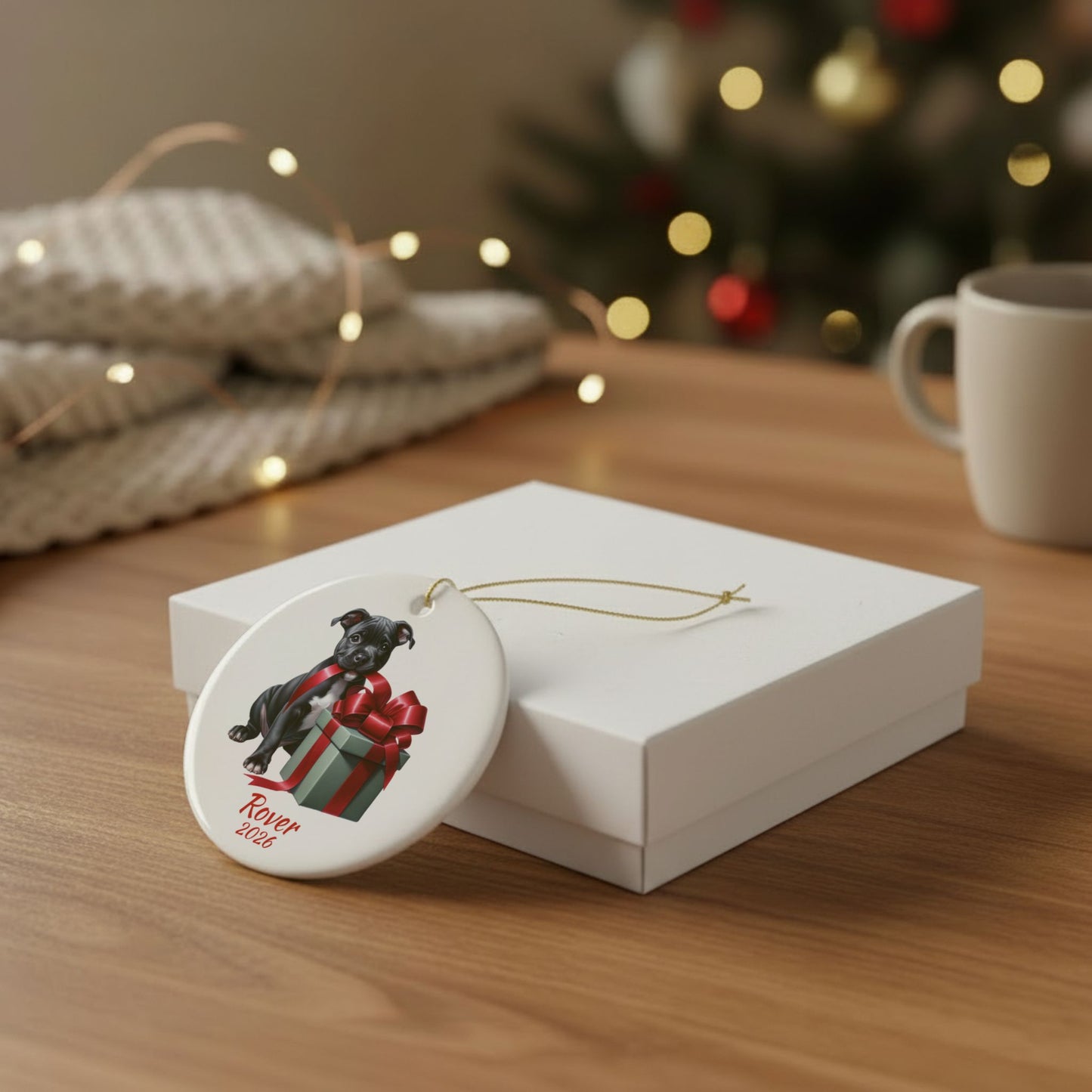 American Staffordshire Terrier ornament shown with the white gift box option