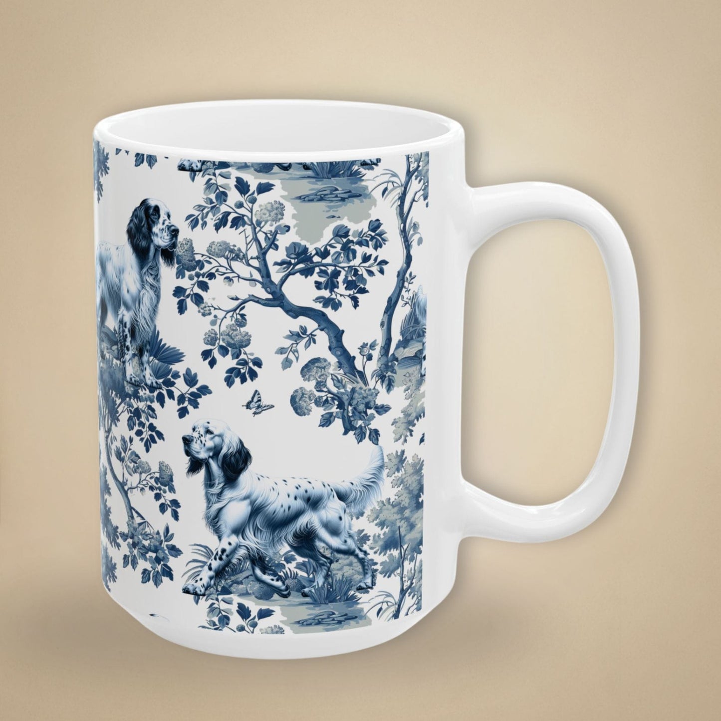 15 oz blue toile English Setter coffee mug, side view