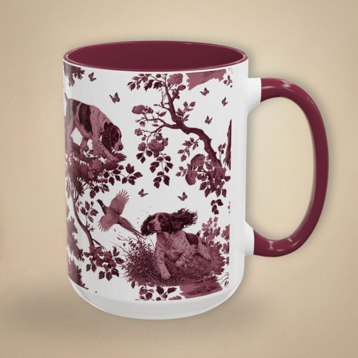 English Springer Spaniel cranberry toile 15 oz ceramic mug, right view