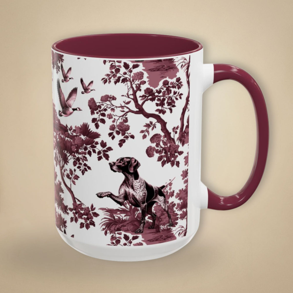 German Shorthaired Pointer cranberry toile 15 oz ceramic mug, right view