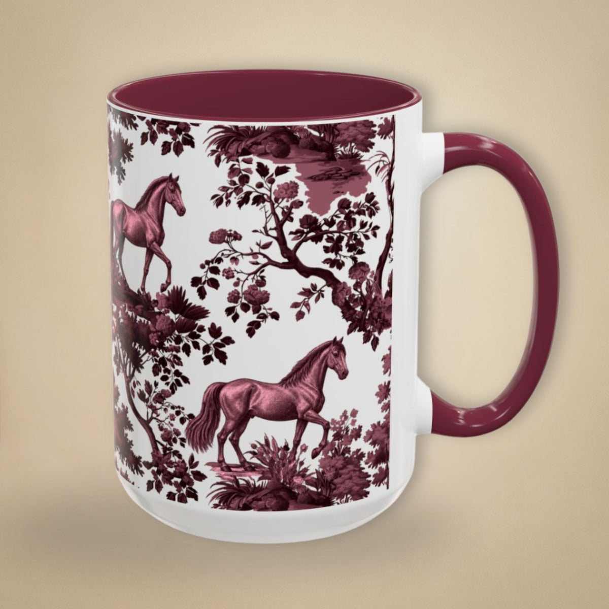 Horse cranberry toile 15 oz ceramic mug, right view