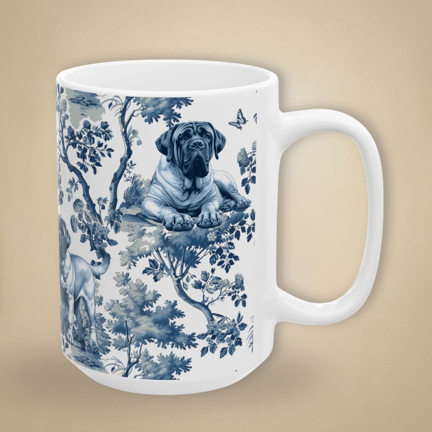 15 oz blue toile English Mastiff coffee mug, side view