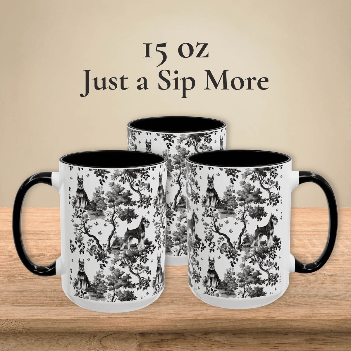 15 oz black and white toile Standard Schnauzer coffee mug, side view