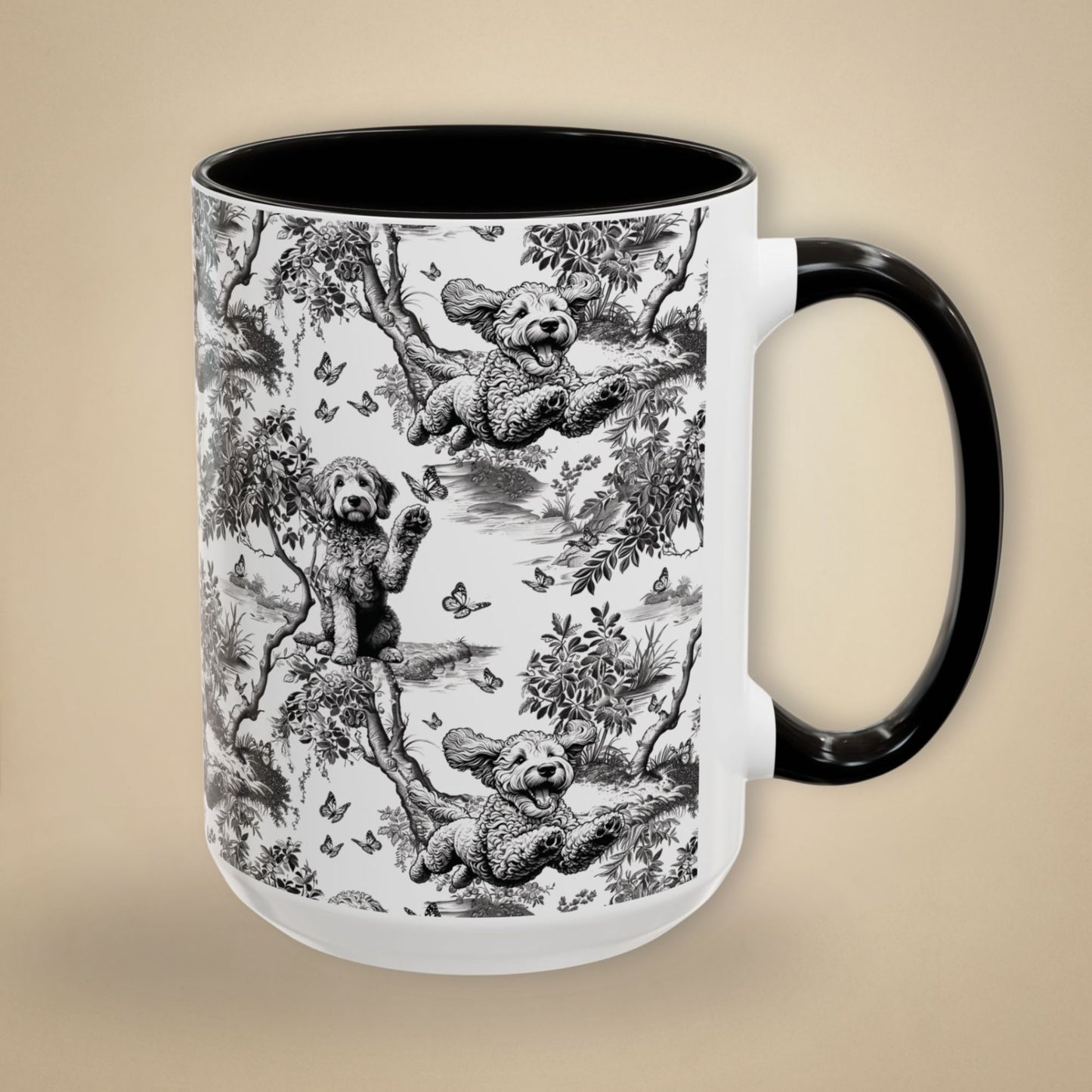 15 oz black toile Goldendoodle coffee cup shown from three sides
