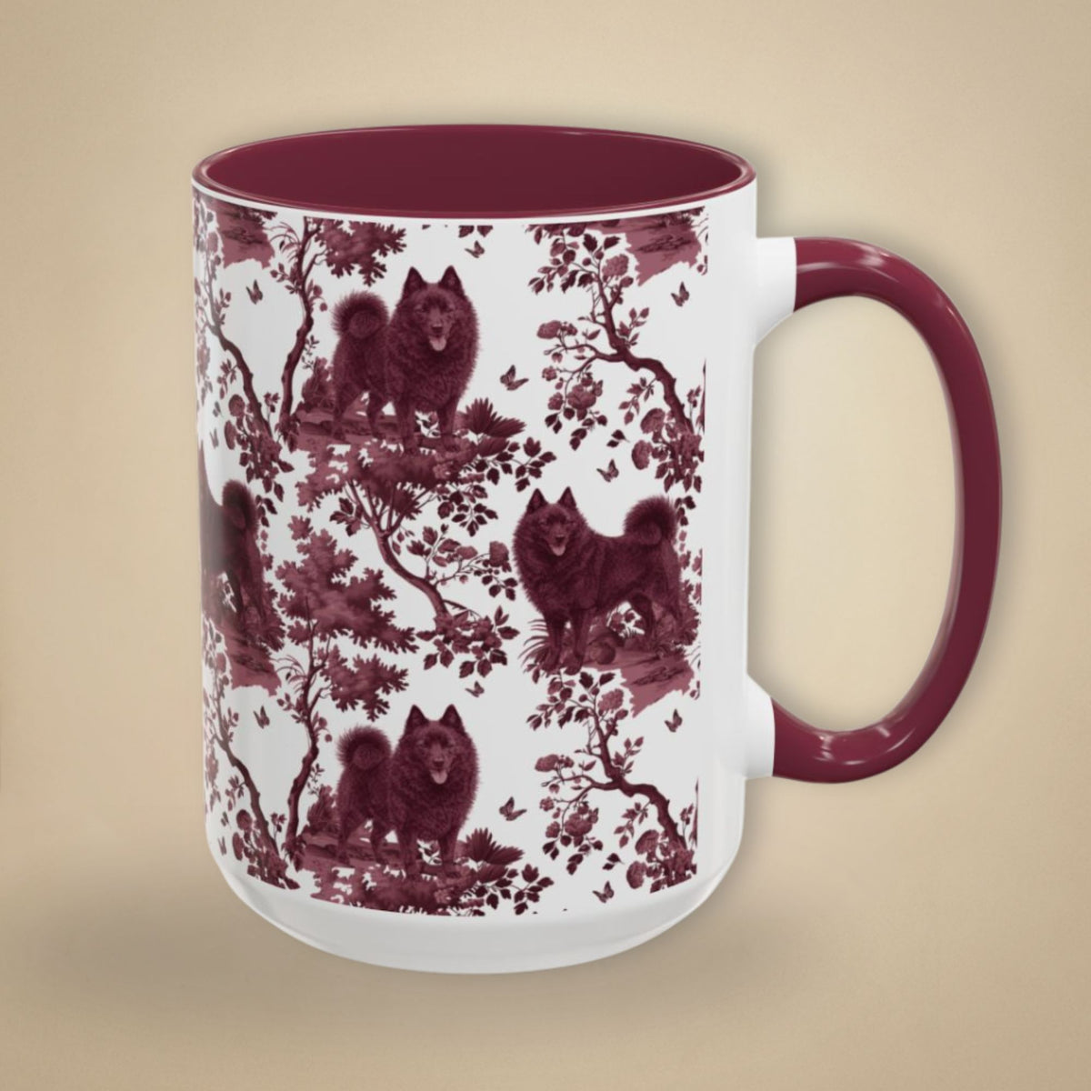 Schipperke petite cranberry toile 15 oz ceramic mug, right view