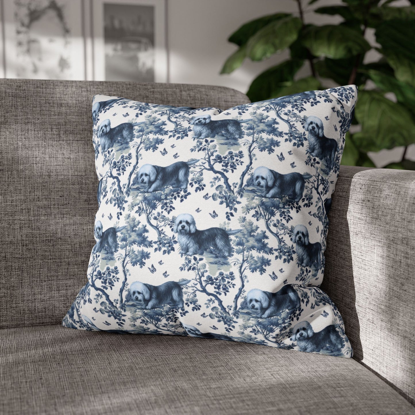 Dande Dinmont Terrier Pillow Cover - Blue Toile Pattern