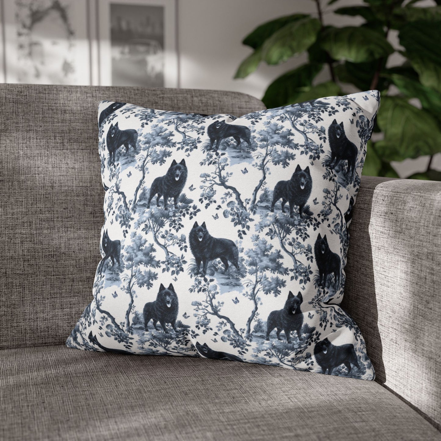 Schipperke Pillow Cover - Blue Toile Pattern