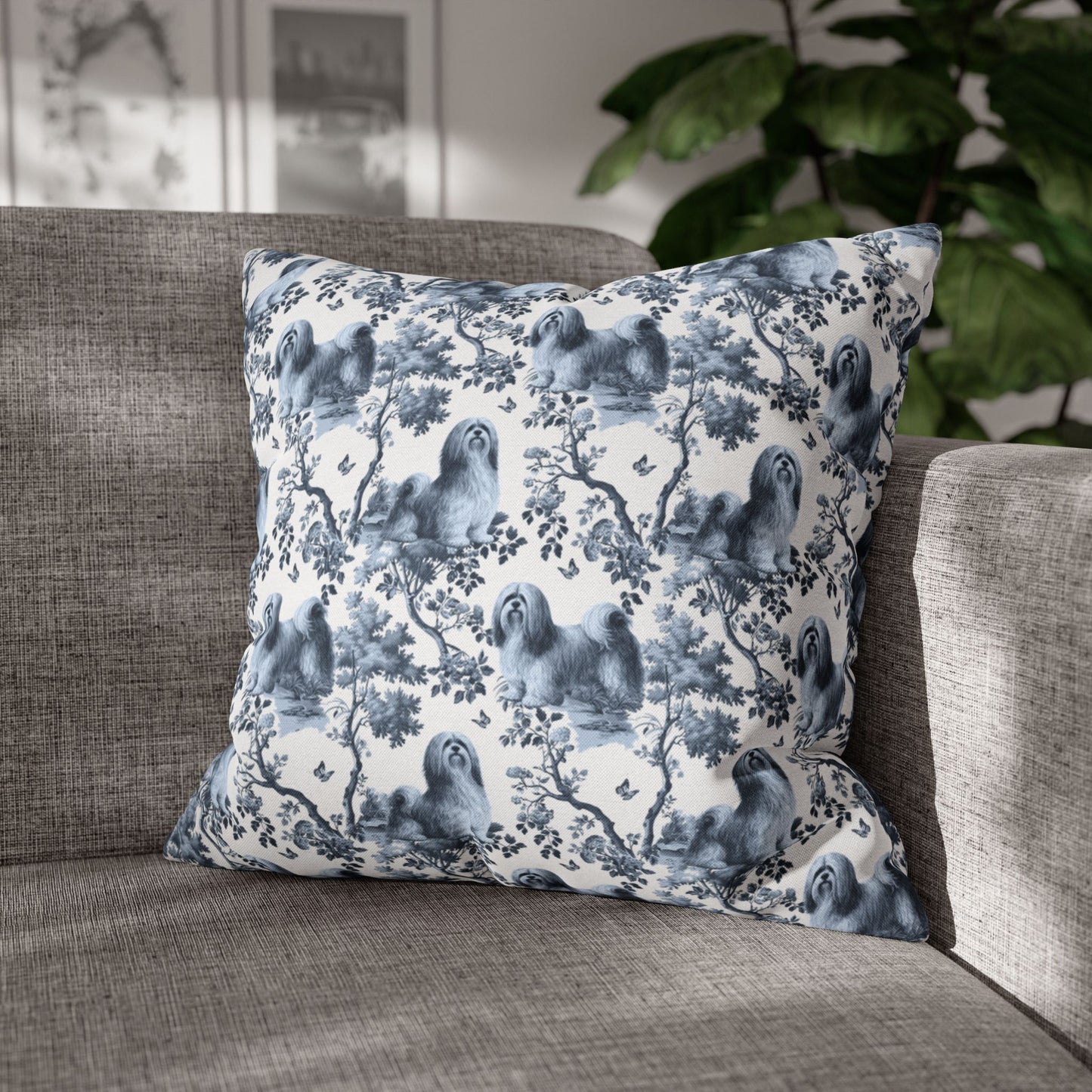 Lhasa Apso Pillow Cover - Blue Toile Pattern