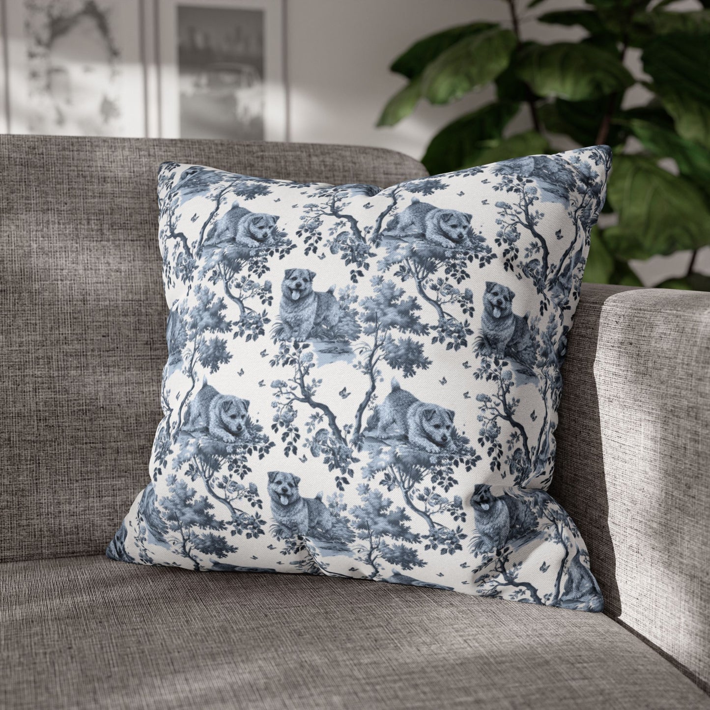 Norwich Terrier Pillow Cover - Blue Toile Pattern