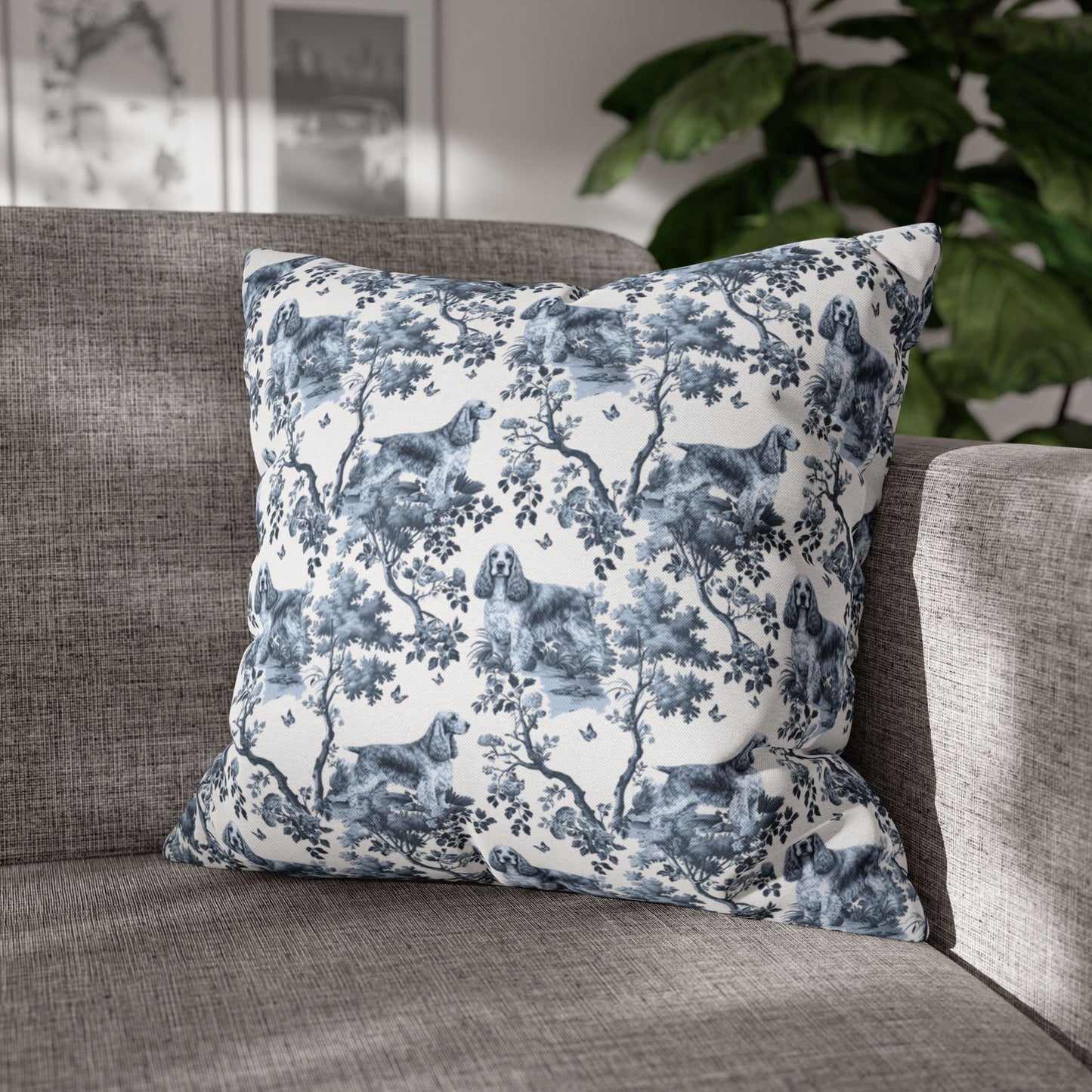 English Cocker Spaniel Pillow Cover - Blue Toile Pattern