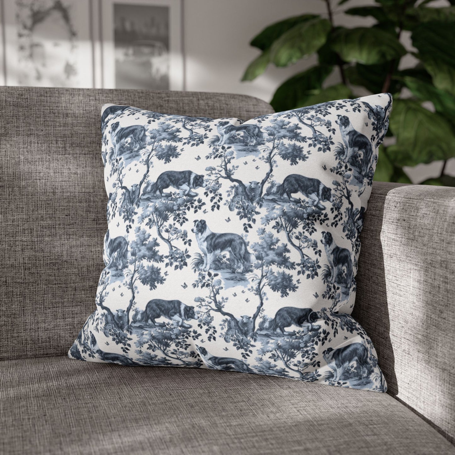 Border Collie Pillow Cover - Blue Toile Pattern