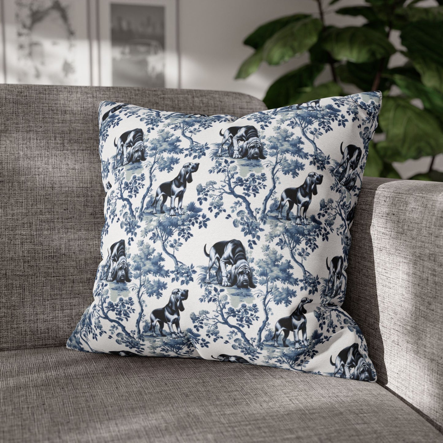Bloodhound Pillow Cover - Blue Toile Pattern