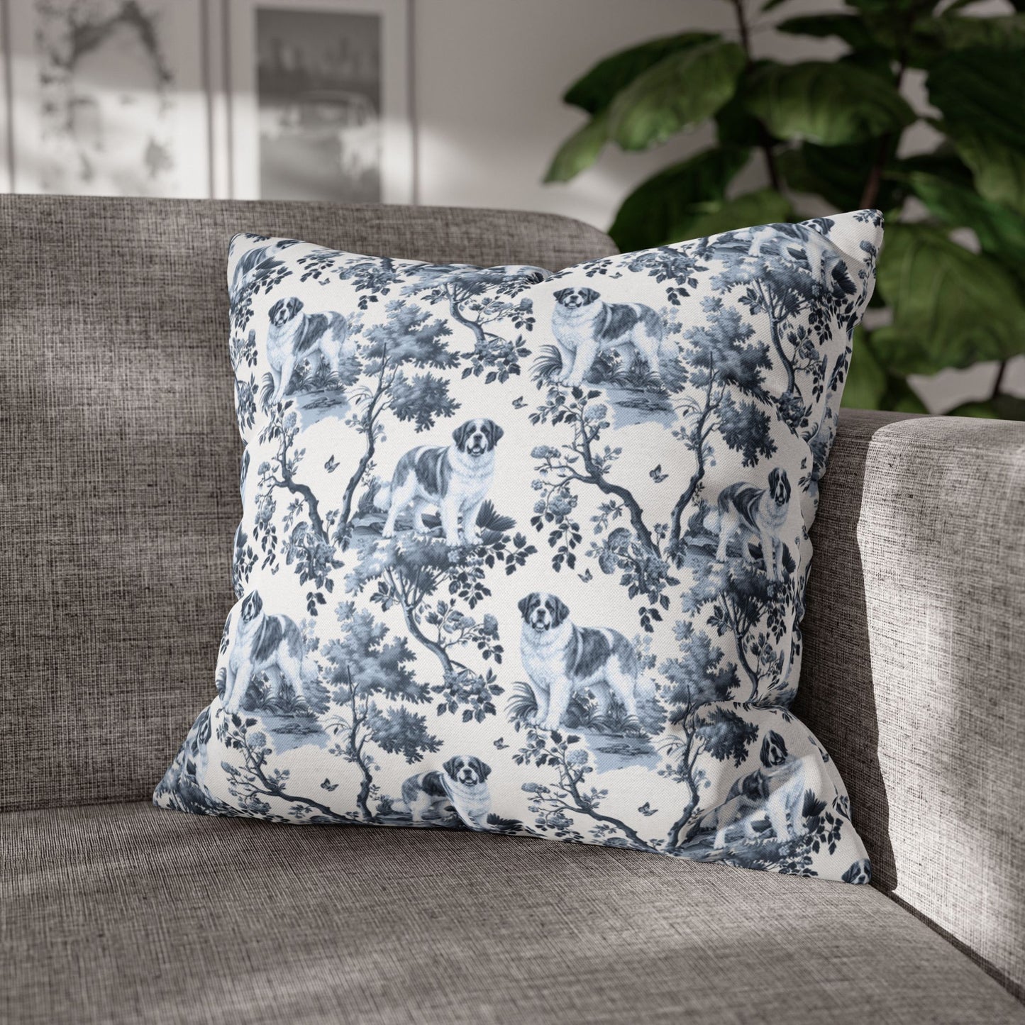 Saint Bernard Pillow Cover - Blue Toile Pattern