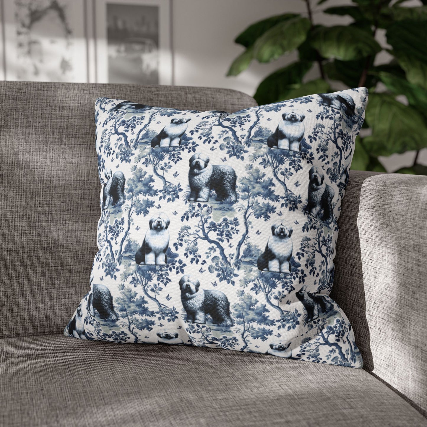 Old English Sheepdog Pillow Cover - Blue Toile Pattern