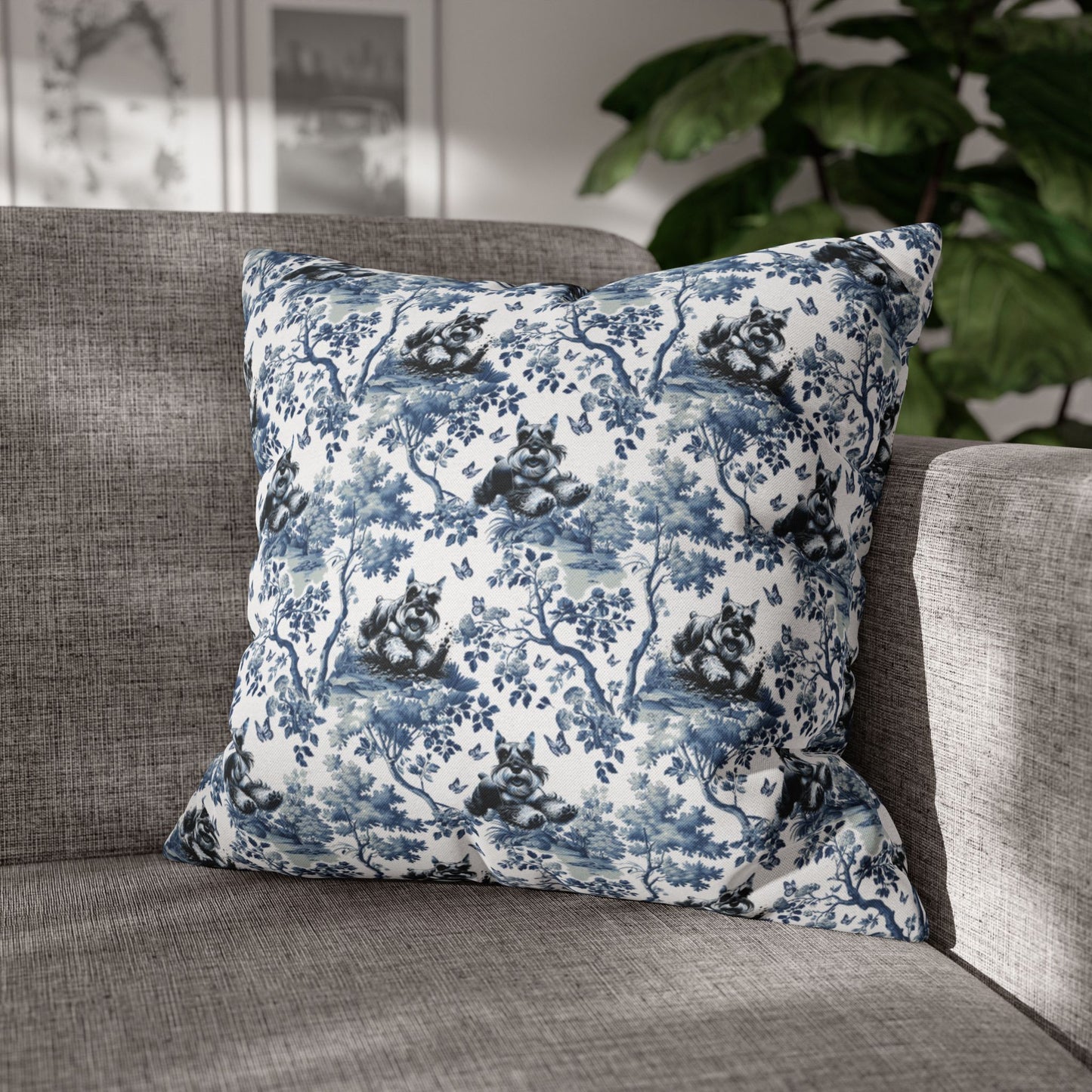 Schnauzer Pillow Cover - Blue Toile Pattern
