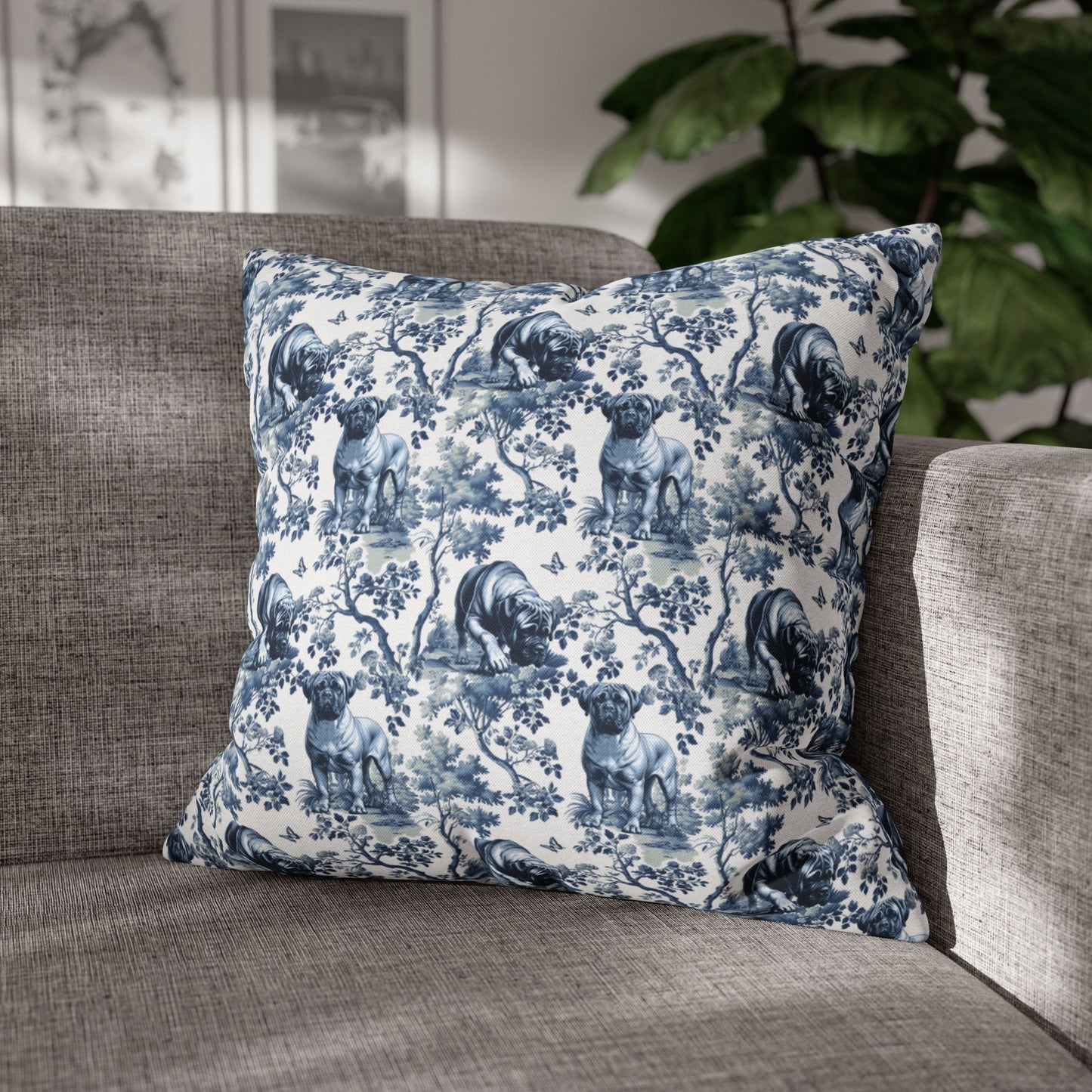 Bullmastiff Pillow Cover - Blue Toile Pattern