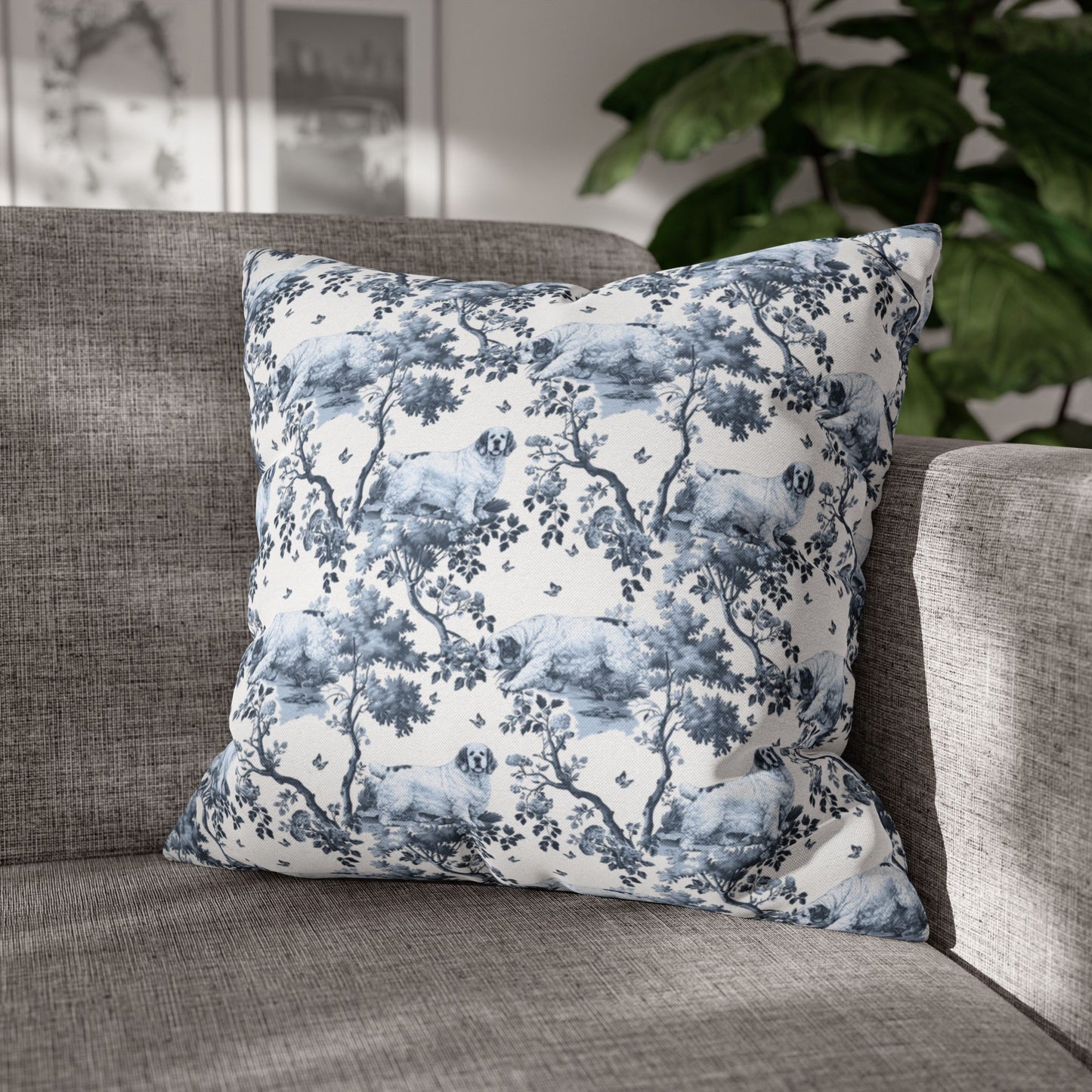 Clumber Spaniel Pillow Cover - Blue Toile Pattern