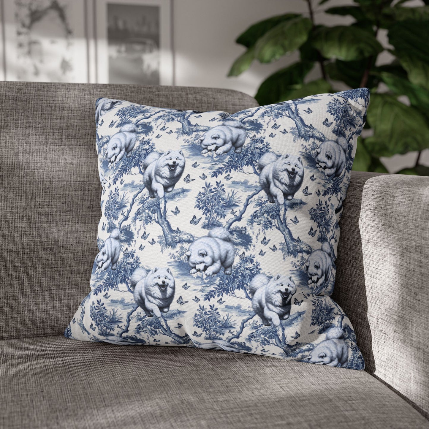 Samoyed Pillow Cover - Blue Toile Pattern