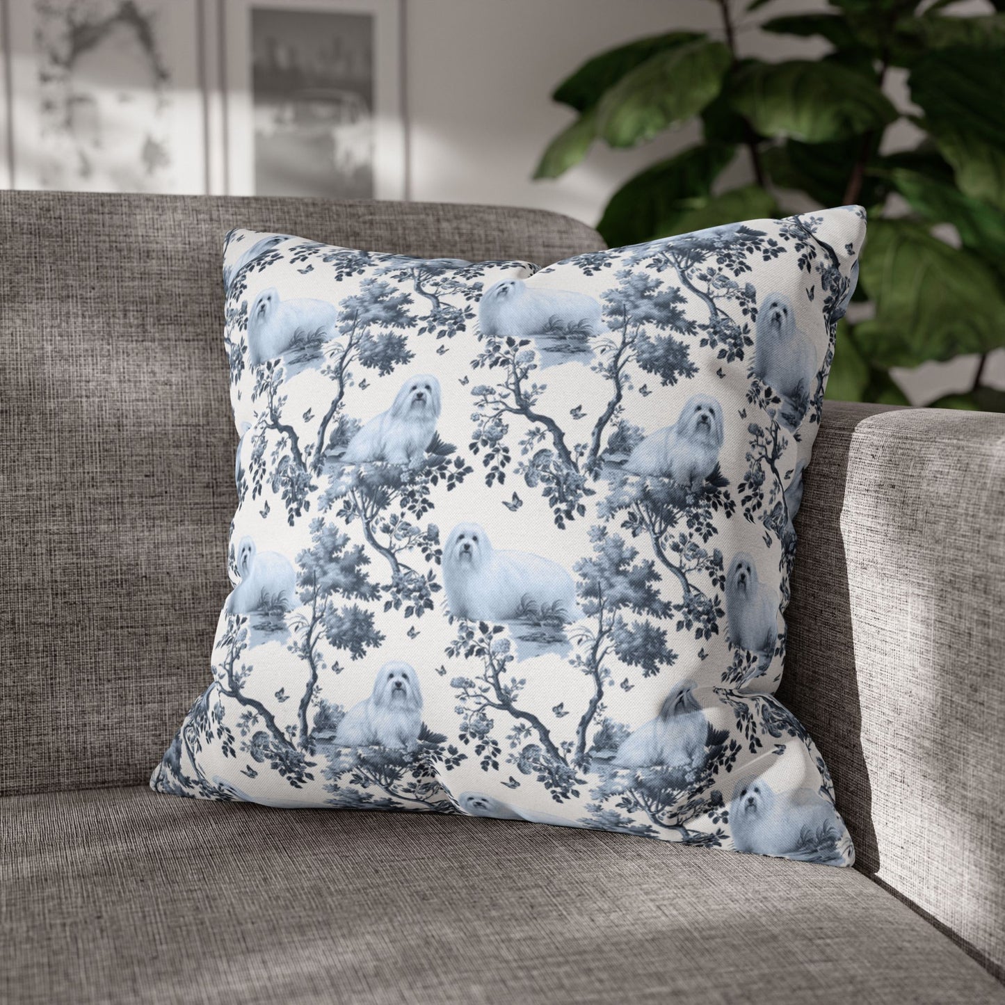 Coton de Tulear Pillow Cover - Blue Toile Pattern