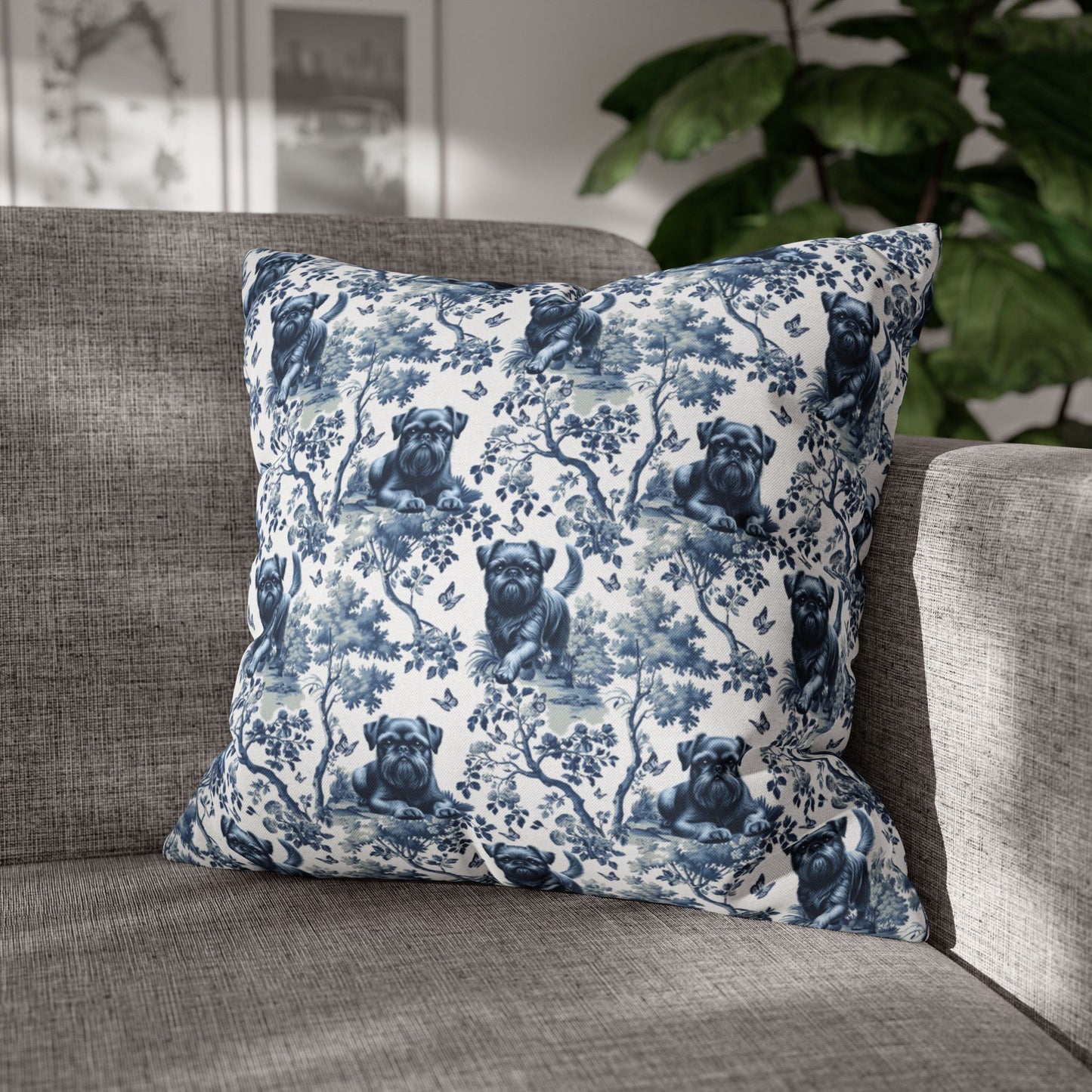 Brussels Griffon Pillow Cover - Blue Toile Pattern