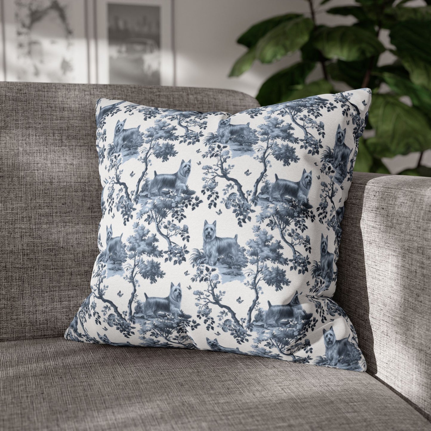 Silky Terrier Pillow Cover - Blue Toile Pattern