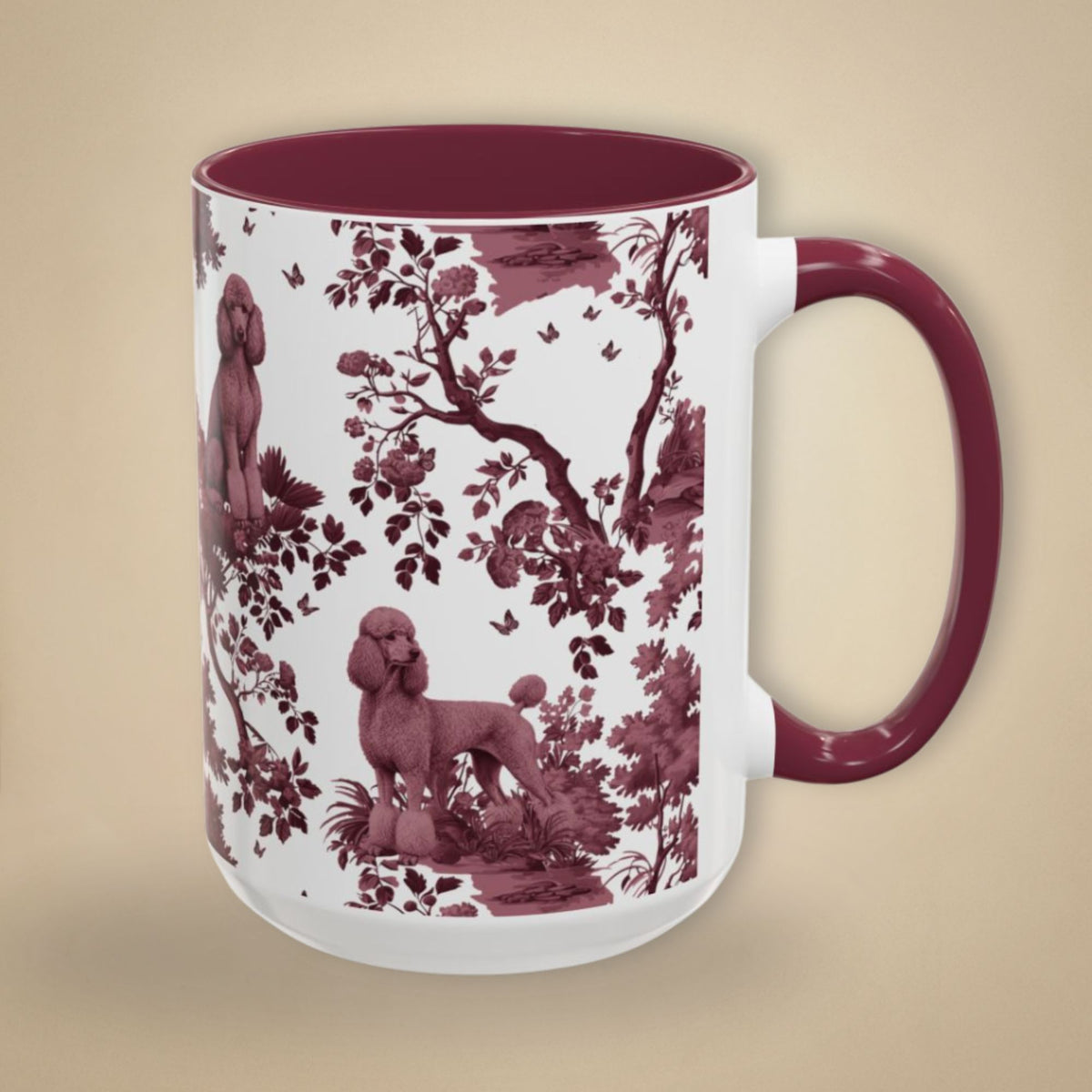 Standard Poodle cranberry toile 15 oz ceramic mug, right view