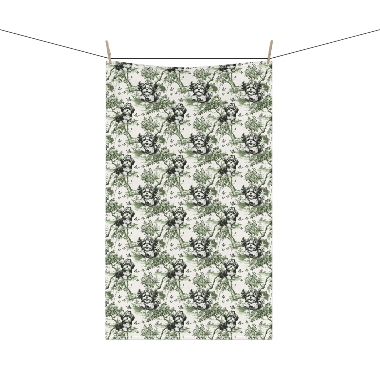 Shih Tzu Sage Cotton Tea Towels - Toile Pattern