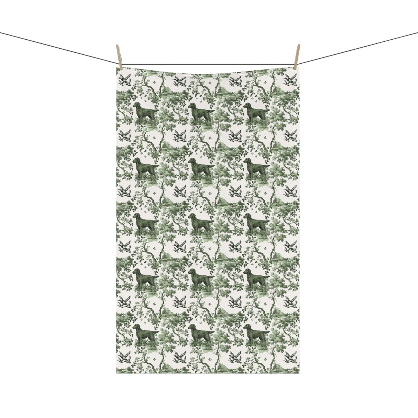 Flat-Coated Retriever Cotton Tea Towels - Sage Green Toile Pattern