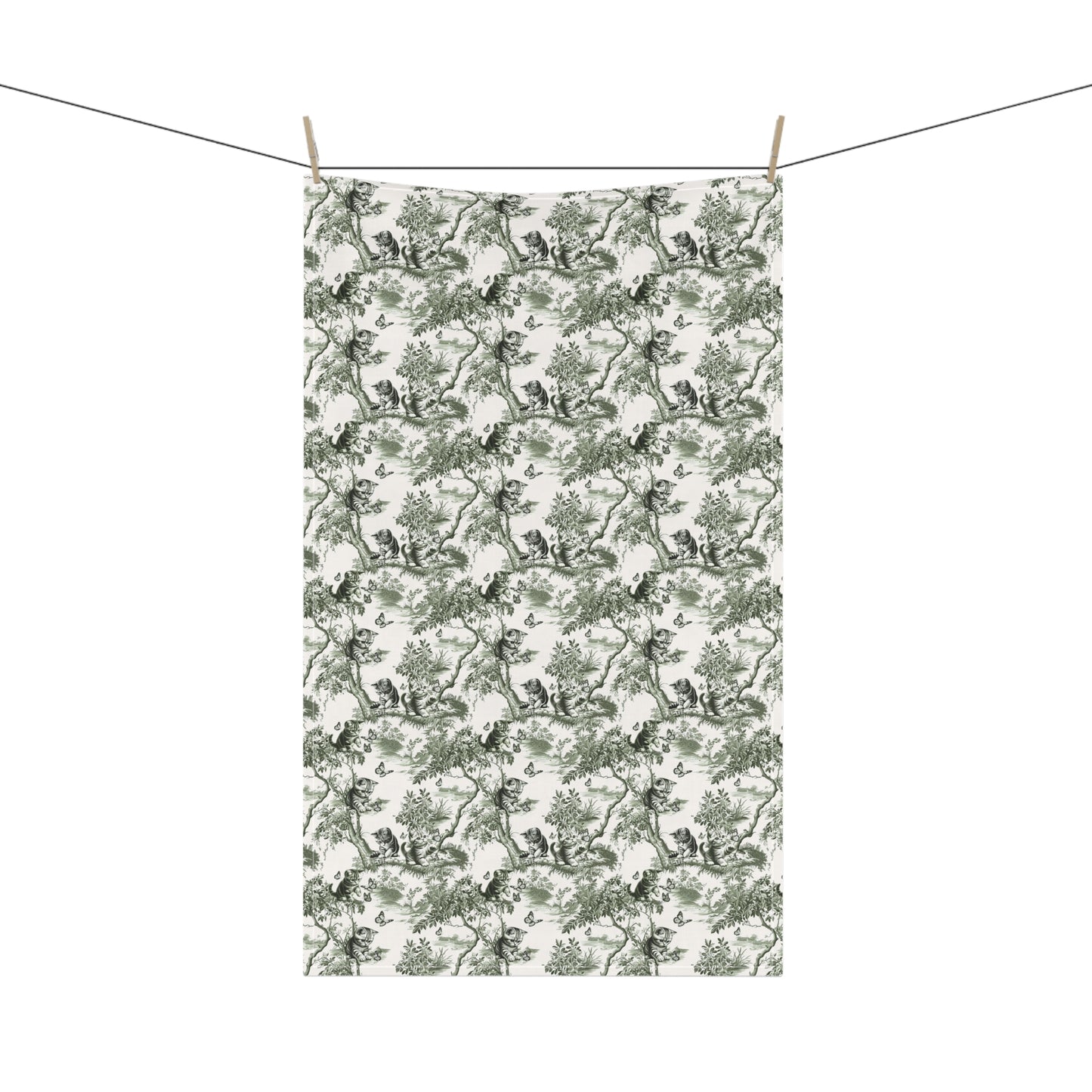 Cat Cotton Tea Towels - Sage Green Toile Pattern