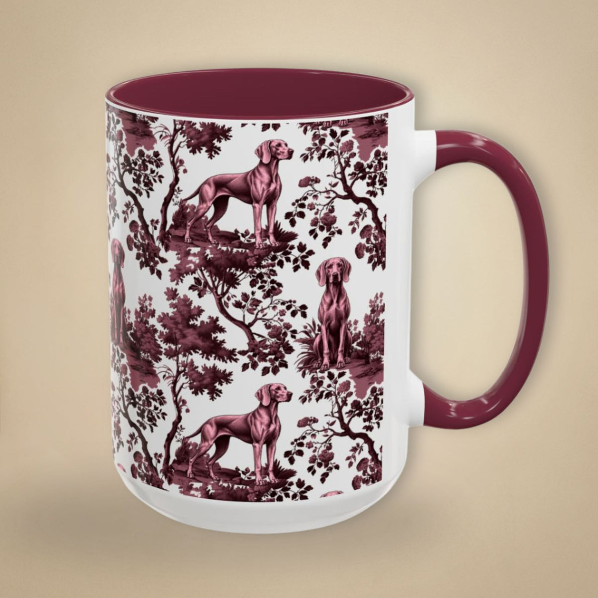 Weimaraner petite cranberry toile 15 oz ceramic mug, right view