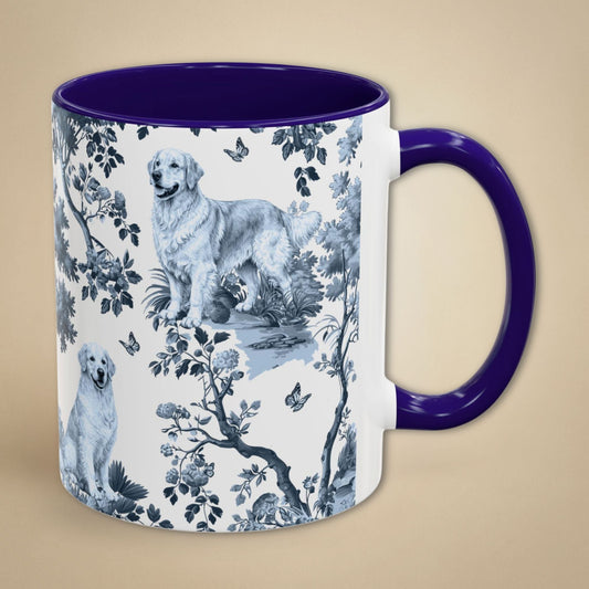 Golden Retriever drawn true to the breed in classic blue toile on a mug from Oh My Tails