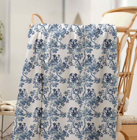 Classic blue toile de Jouy pattern on an English Bulldog blanket from Oh My Tails