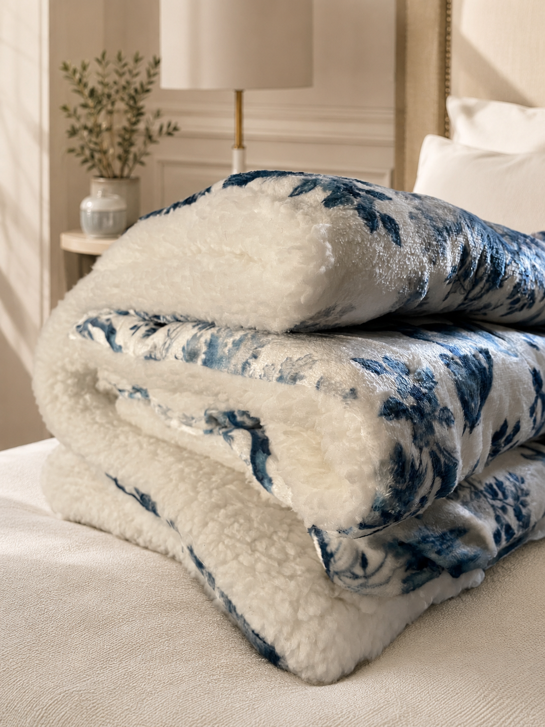 Folded blue toile Luxury Sherpa blanket with plush sherpa lining on a bed