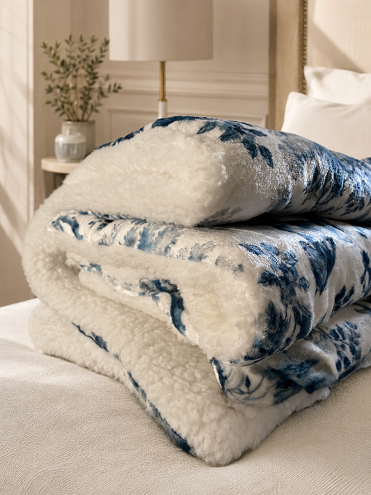 Folded blue toile Luxury Sherpa blanket with plush sherpa lining on a bed
