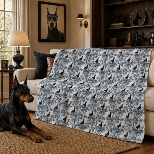 Doberman toile blanket styled in a room, Doberman gifts