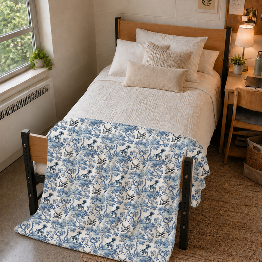 German Shorthaired Pointer French toile blanket on a styled dorm room bed