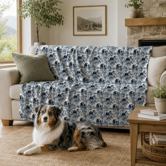 Australian Shepherd blanket in blue French toile, Australian Shepherd gifts