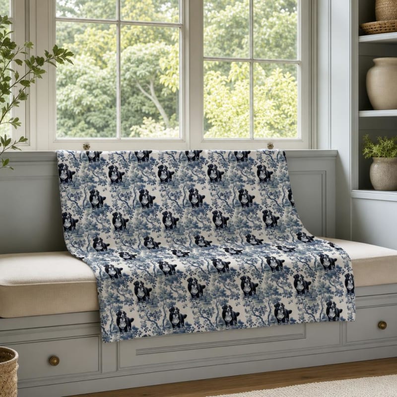 Bernese Mountain Dog breed toile blanket on a window seat