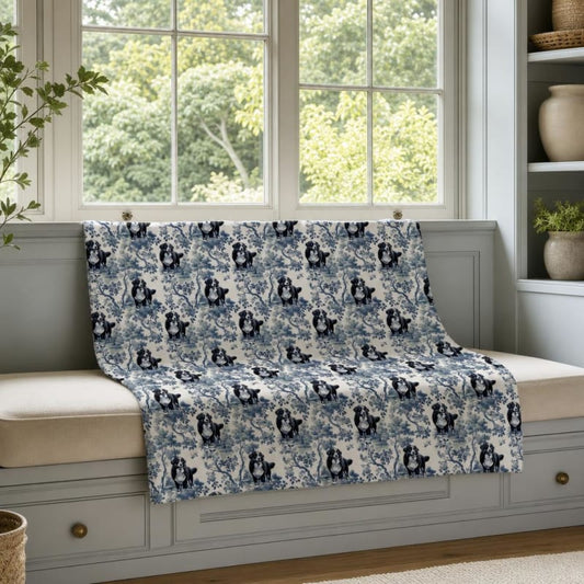 Bernese Mountain Dog breed toile blanket on a window seat