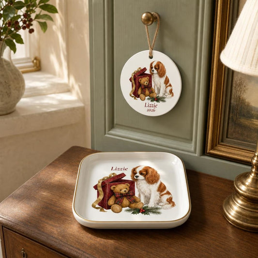 Personalized dog ornament and jewelry dish with a dog's name