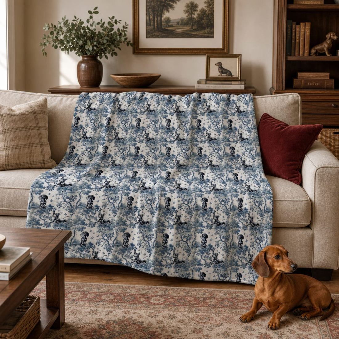 Dachshund blanket in blue French toile, Dachshund gifts