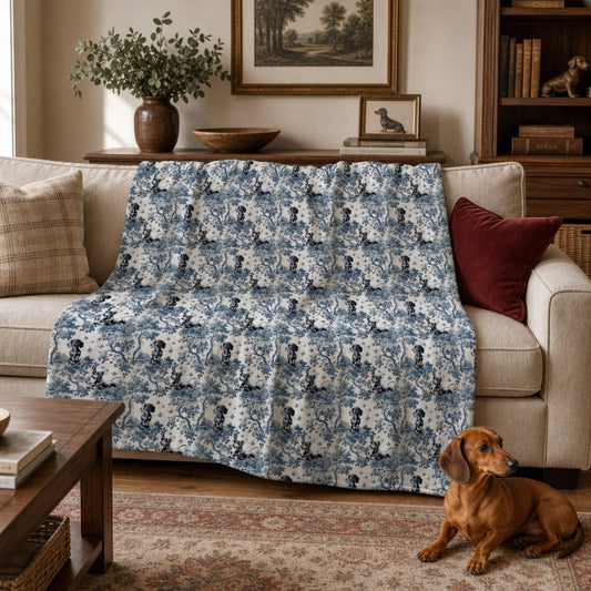 Dachshund blanket in blue French toile, Dachshund gifts
